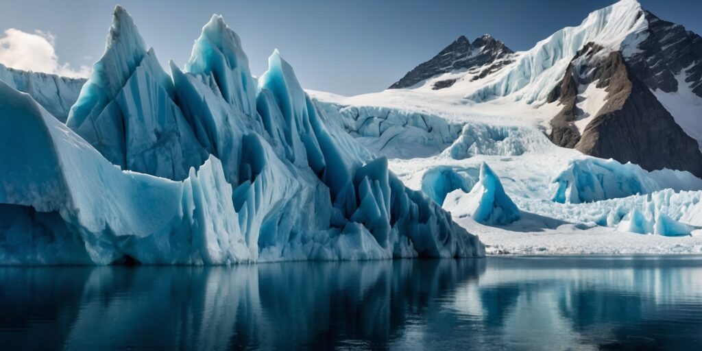 Une image d'un glacier majestueux avec des couleurs bleues et blanches, symbolisant la fraîcheur des e-liquides glacés.