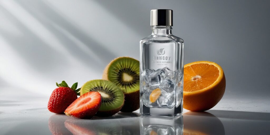 Un verre de smoothie glacé avec des glaçons et des fruits frais, représentant la fraîcheur des e-liquides glacés.