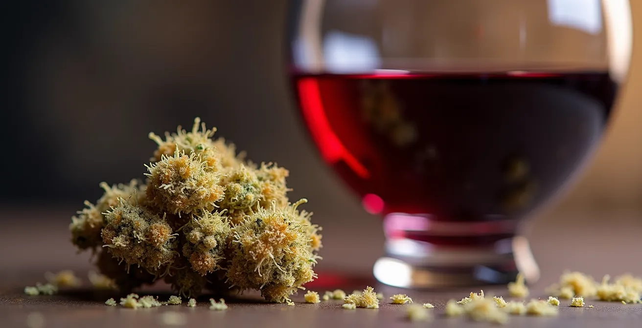 Accord œnologique entre vin rouge et fleurs de CBD Cheese pour une dégustation raffinée