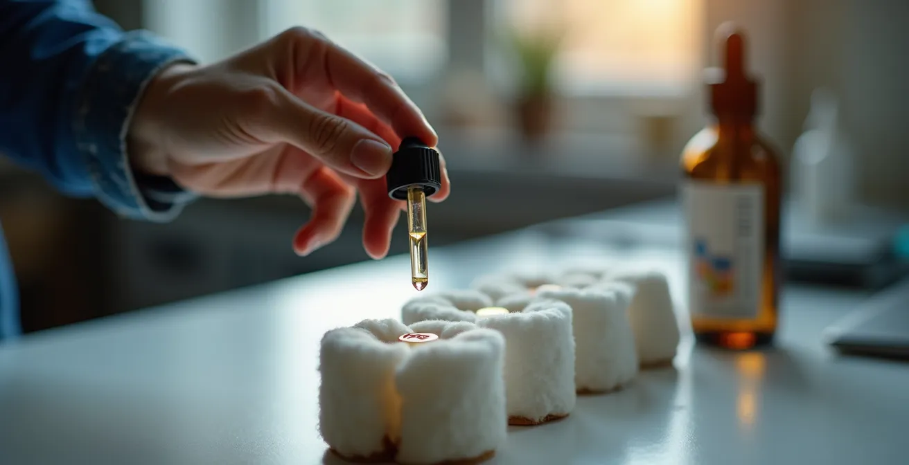 Main appliquant des gouttes de e-liquide sur une résistance neuve