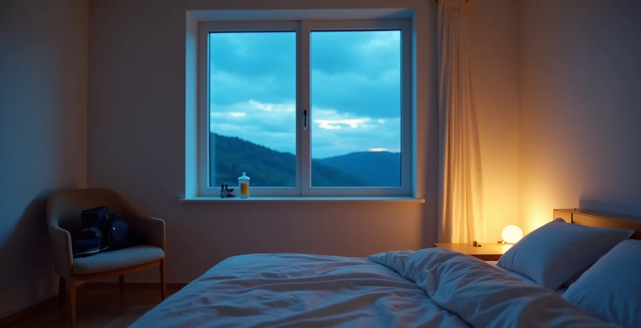 Chambre d'athlète en soirée avec ambiance apaisante pour sommeil réparateur