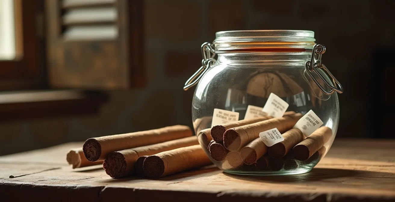 Bocal Le Parfait ouvert avec cigares et sachets Boveda pour réhydratation progressive