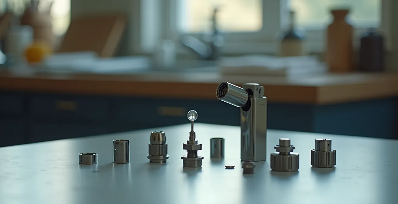 Briquet tempête démonté montrant le mécanisme de valve et la purge du gaz résiduel