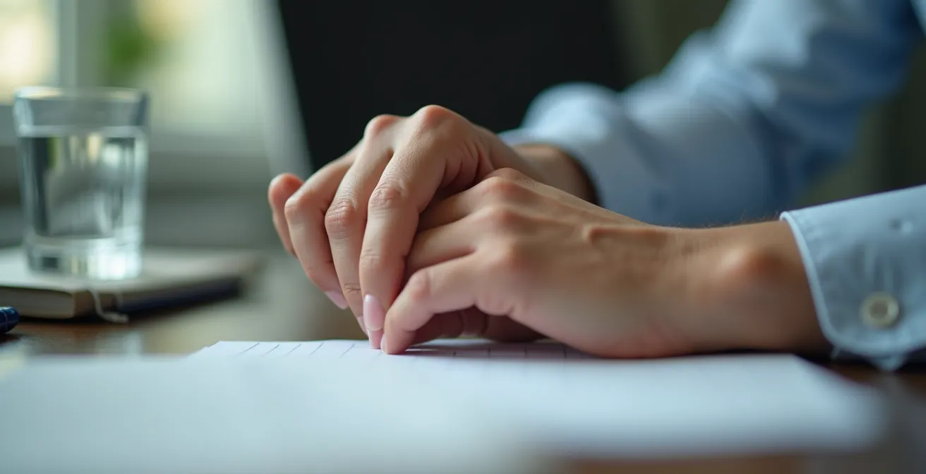 Personne pratiquant des exercices de respiration à son bureau en situation de stress