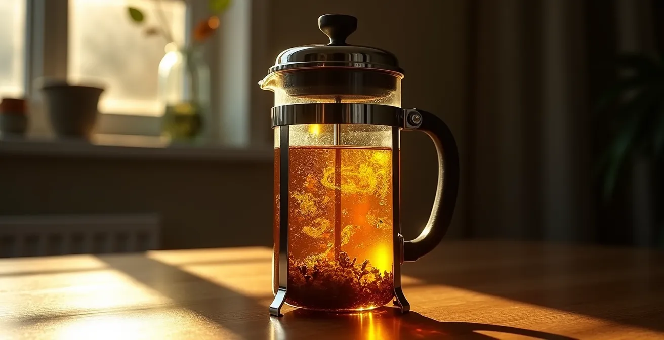 Cafetière à piston française avec infusion dorée de chanvre, trichomes visibles flottant dans le liquide