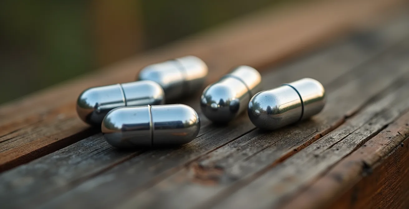 Gros plan sur des capsules doseuses métalliques pour vaporisateur disposées sur une surface en bois naturel