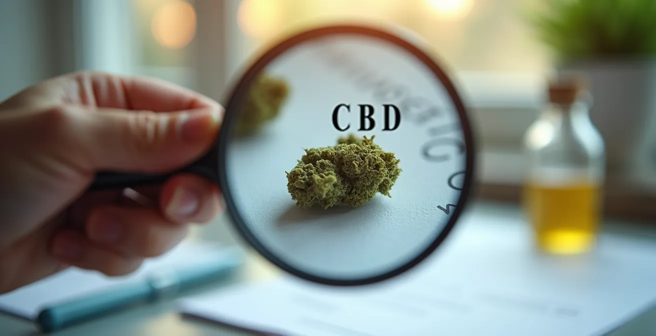 Main tenant une loupe qui examine un certificat d'analyse CBD, révélant la structure d'une fleur de qualité.