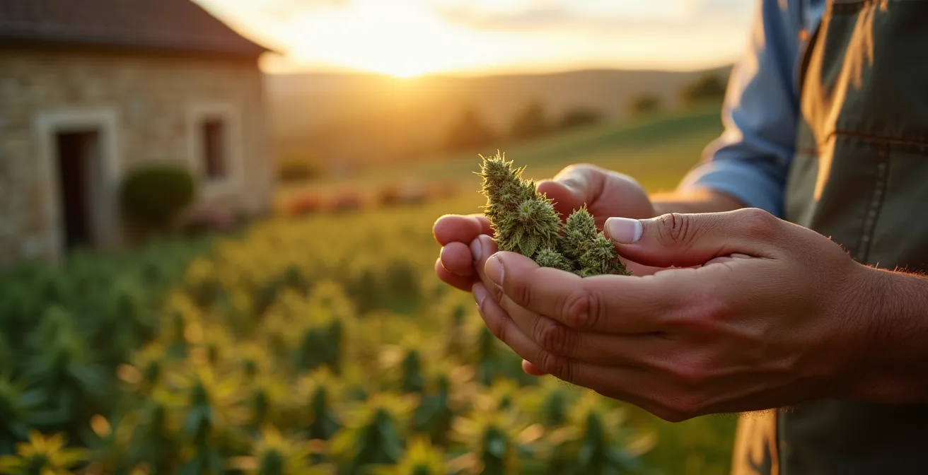 Champ de cannabis outdoor biologique dans la campagne française au lever du soleil