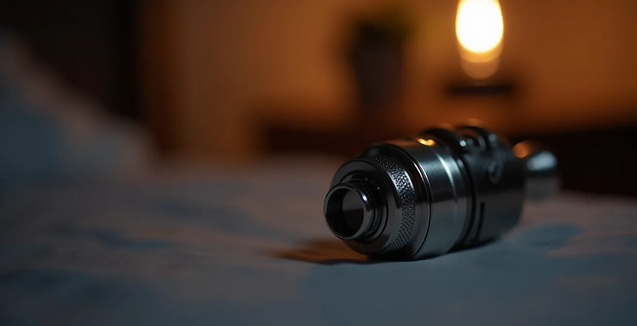 Clearomiseur posé verticalement sur une table de nuit avec airflow fermé