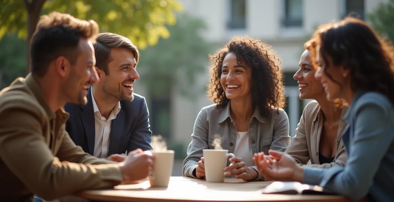 Groupe de collègues en pause café à l'extérieur partageant un moment convivial