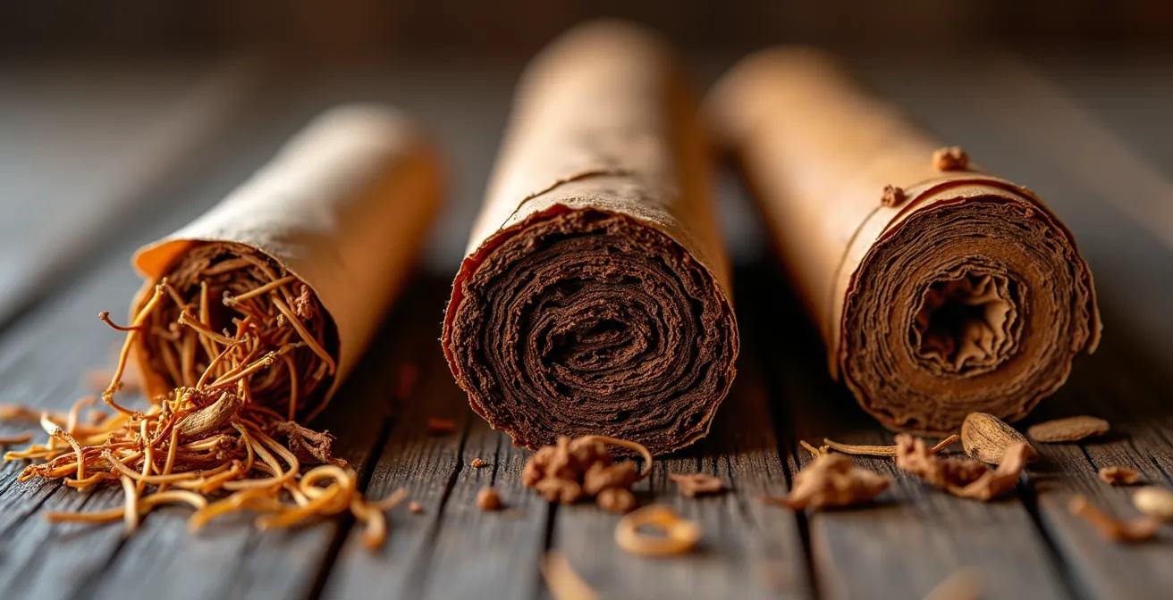 Comparaison macro de différentes coupes de tabac pour pipe