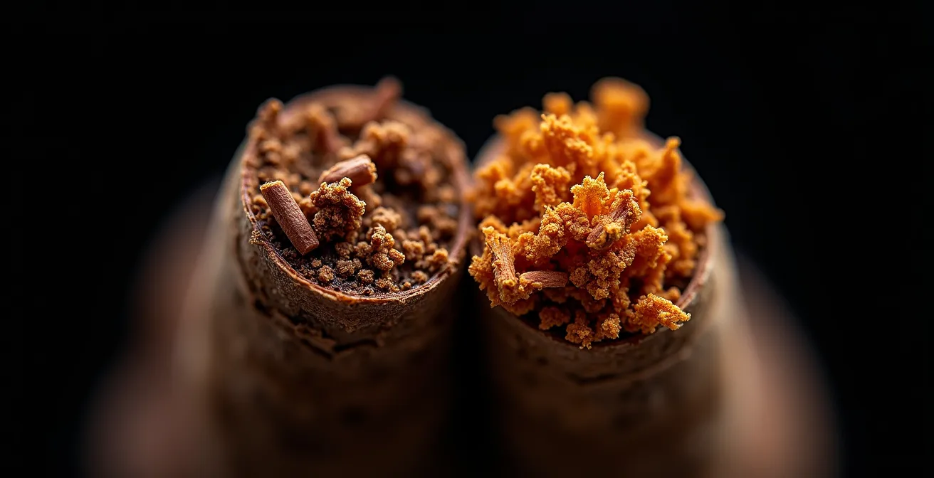 Comparaison macro entre tabac sec effrité et tabac correctement humidifié