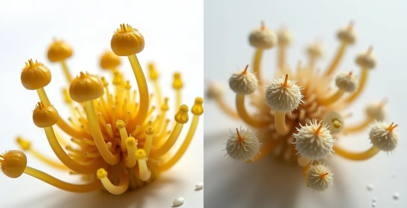 Comparaison microscopique de trichomes intacts sur fleur manucurée à la main versus trichomes endommagés par machine