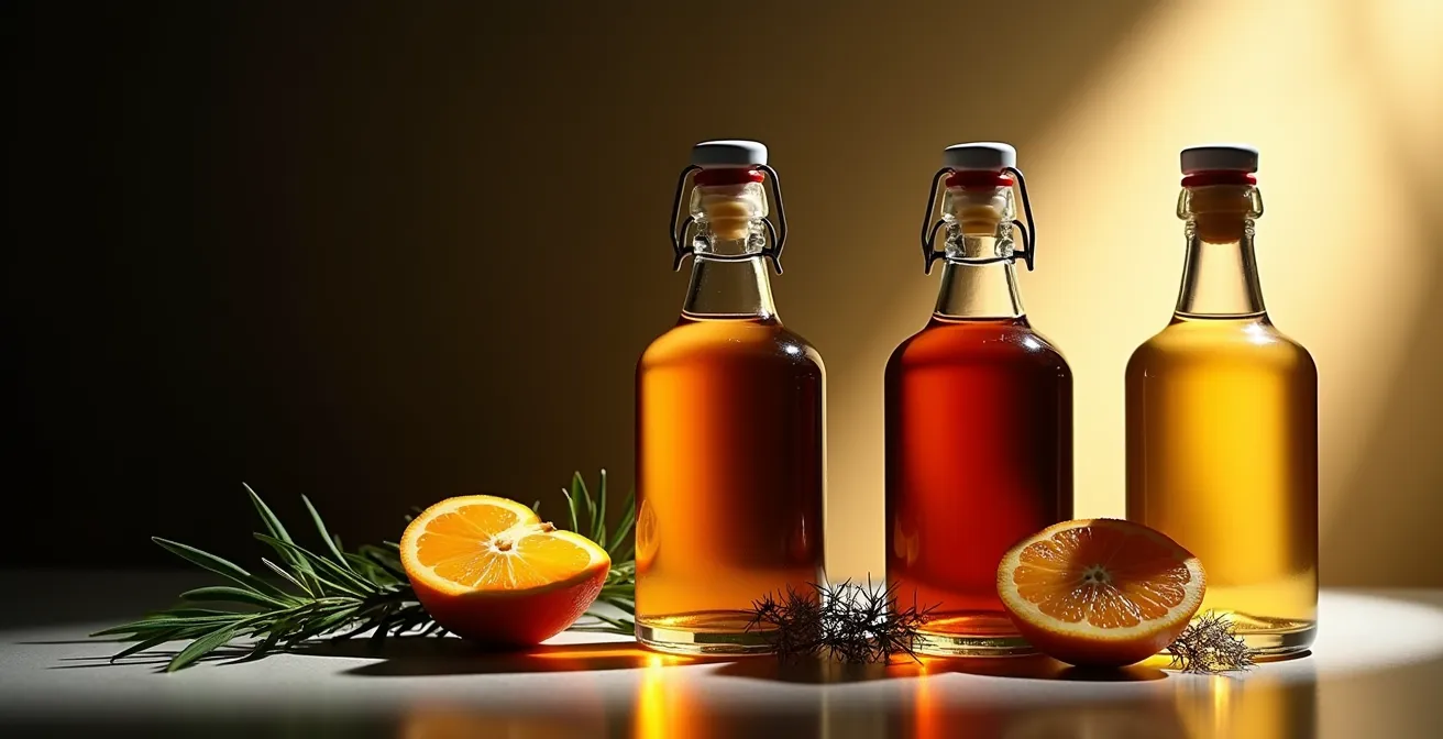 Flacons de e-liquide ambrés protégés de la lumière dans un environnement frais