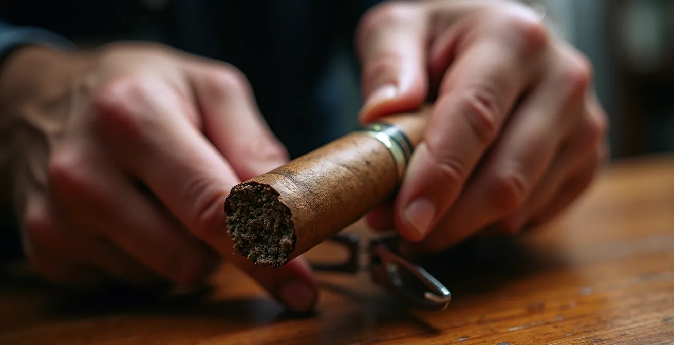 Gros plan sur une main tenant un coupe-cigare guillotine positionnée sur un cigare Torpedo