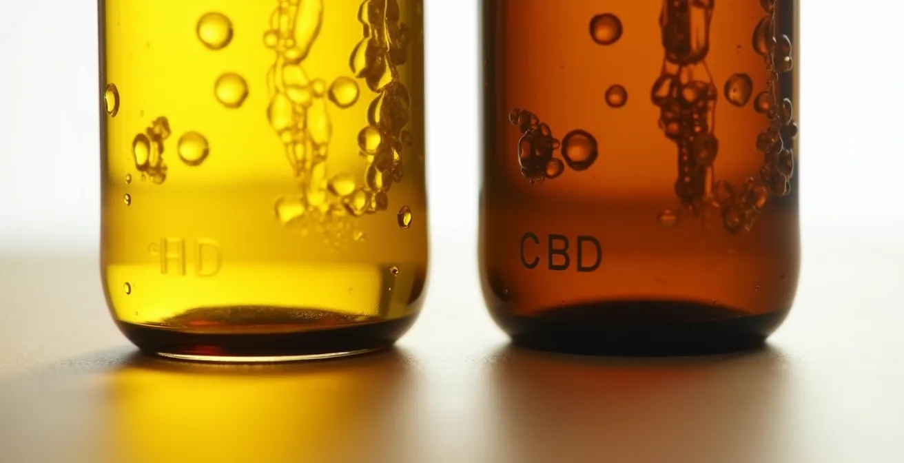 Deux flacons d'huile côte à côte montrant la différence visuelle entre huile de CBD et huile de chanvre alimentaire
