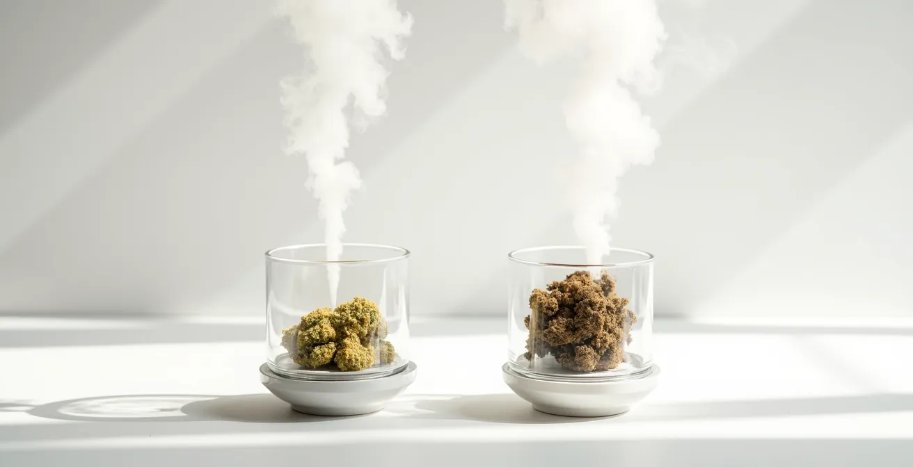 Vue en coupe d'une chambre de vaporisation montrant la différence de couleur des herbes à différentes températures