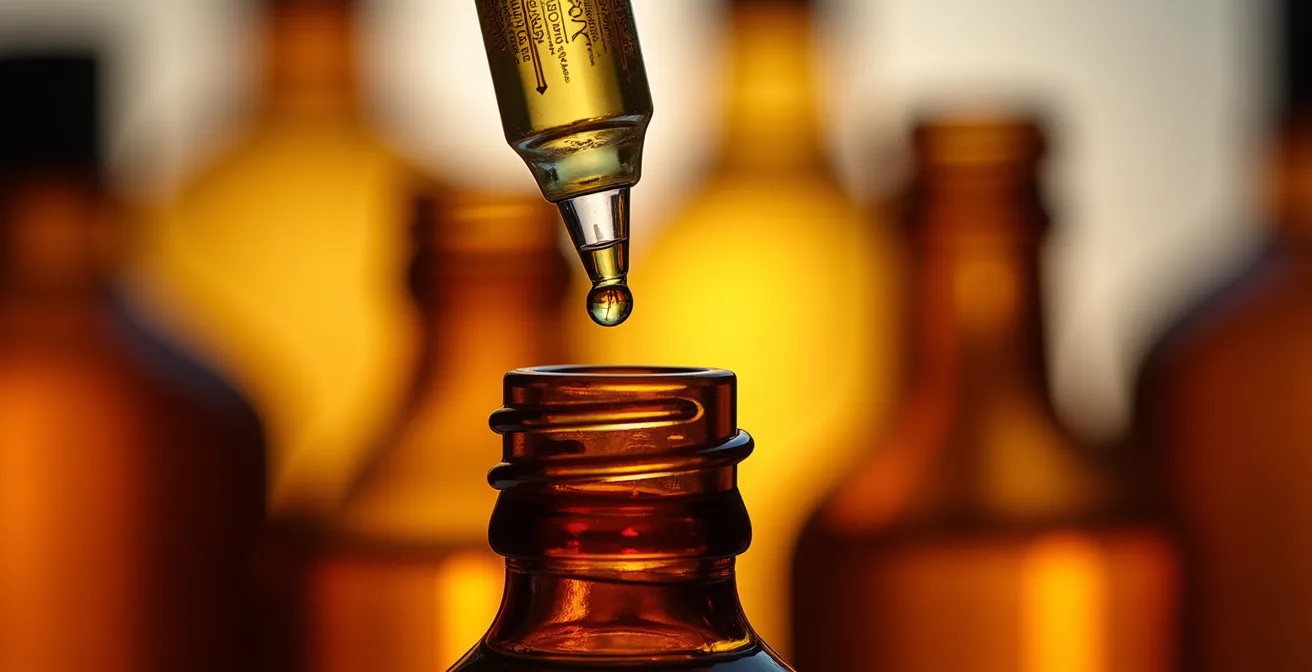 Main tenant une seringue de précision au-dessus de flacons d'arômes pour dosage DIY