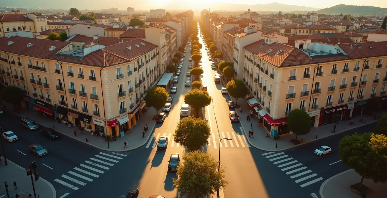 Vue aérienne d'une rue de ville française montrant la multiplication des boutiques de CBD.