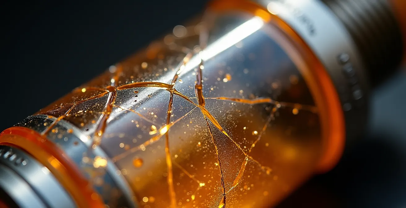 Gros plan sur un réservoir de cigarette électronique fissuré avec des traces de liquide ambré