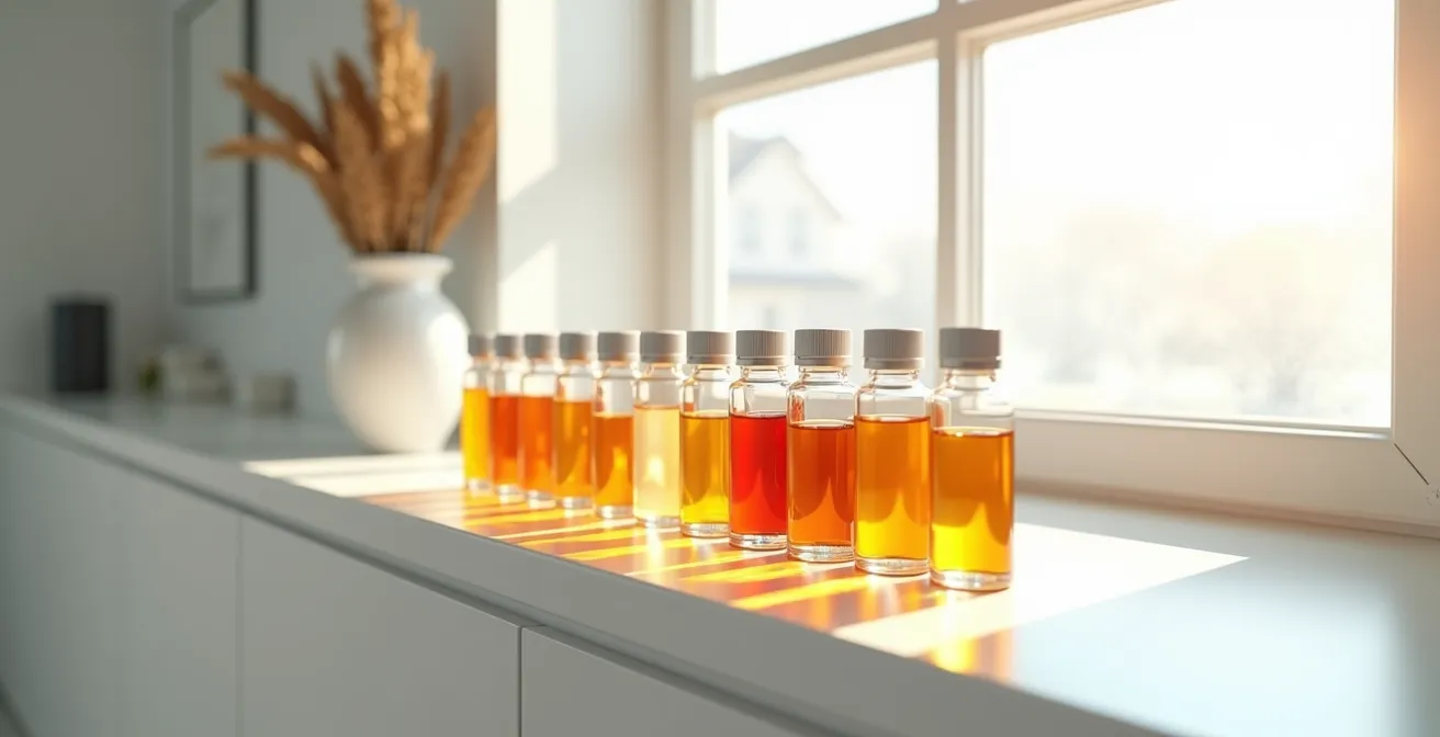 Rangée de flacons d'e-liquide en maturation dans un environnement épuré avec jeu d'ombres