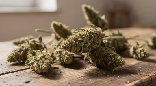 Fleurs de CBD séchées de qualité disposées naturellement sur surface bois rustique