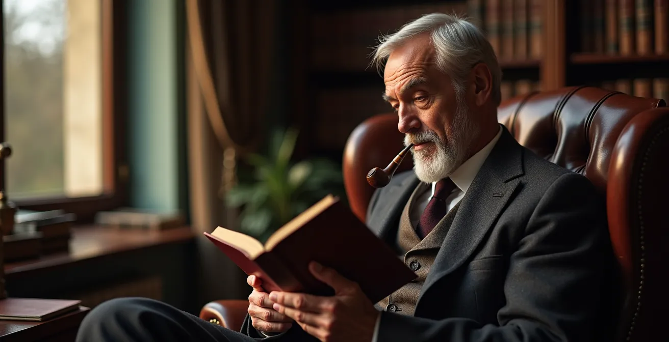 Homme lisant dans un fauteuil avec une pipe en bouche, vue de profil