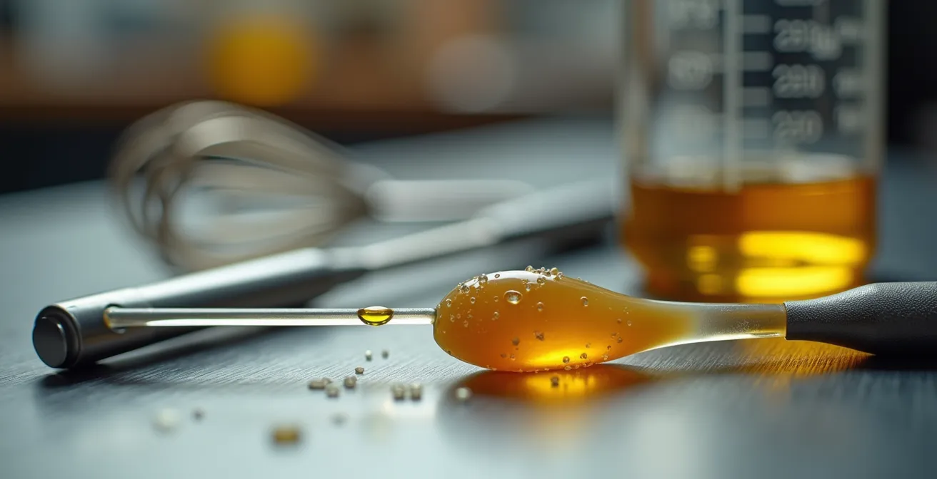 Kit d'ustensiles professionnels pour la formulation artisanale de baume CBD : agitateur en verre, spatule et bécher.