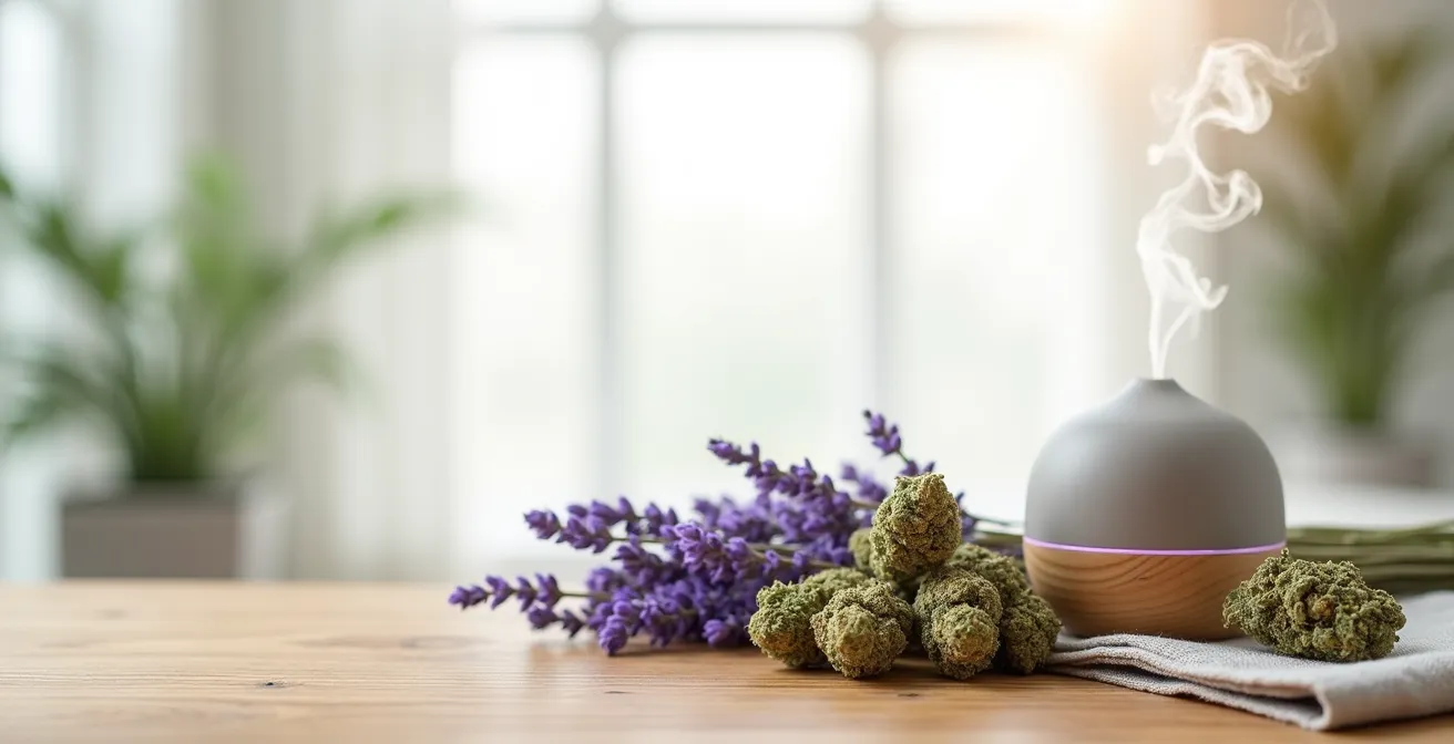 Composition minimaliste montrant des fleurs de lavande et des bourgeons de cannabis dans un environnement zen