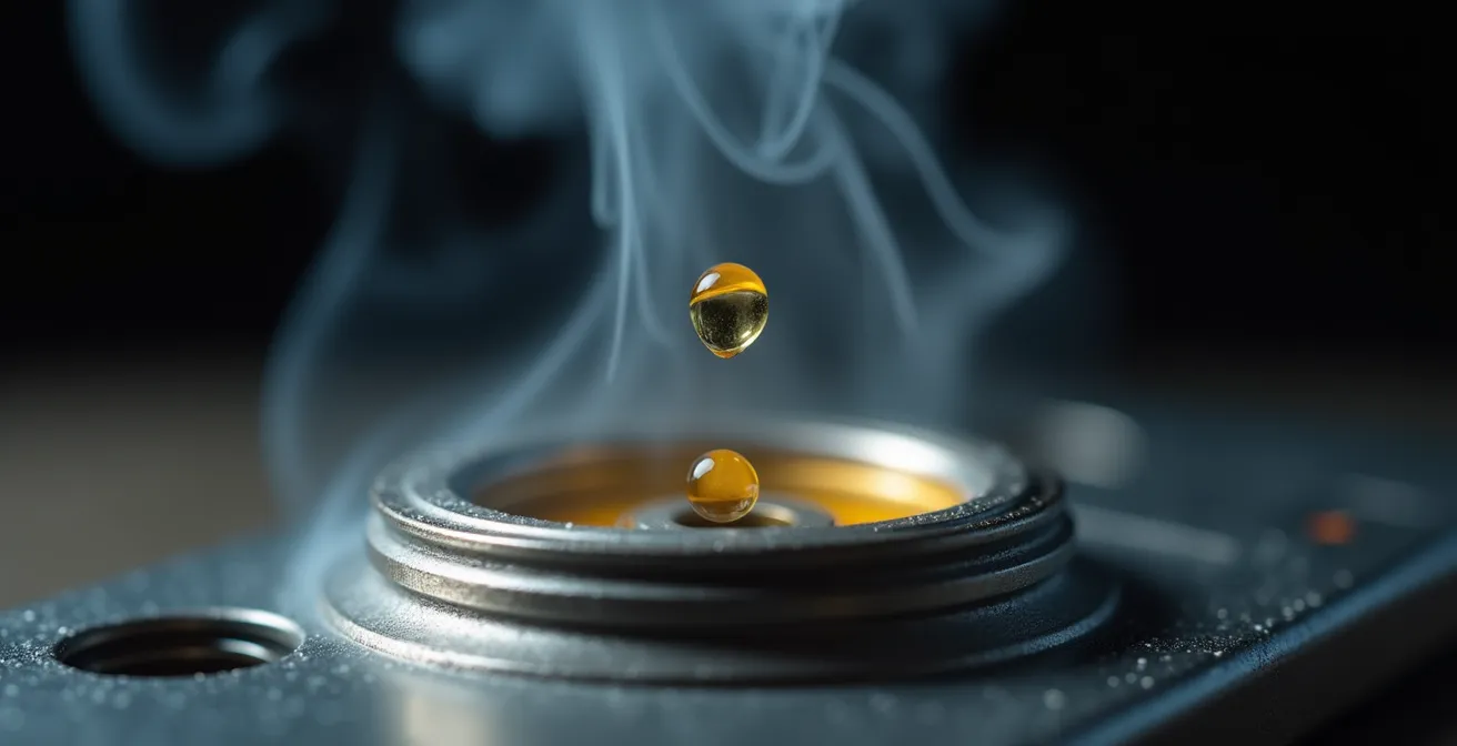 Vue macro de gouttelettes de terpènes sur une résistance de cigarette électronique
