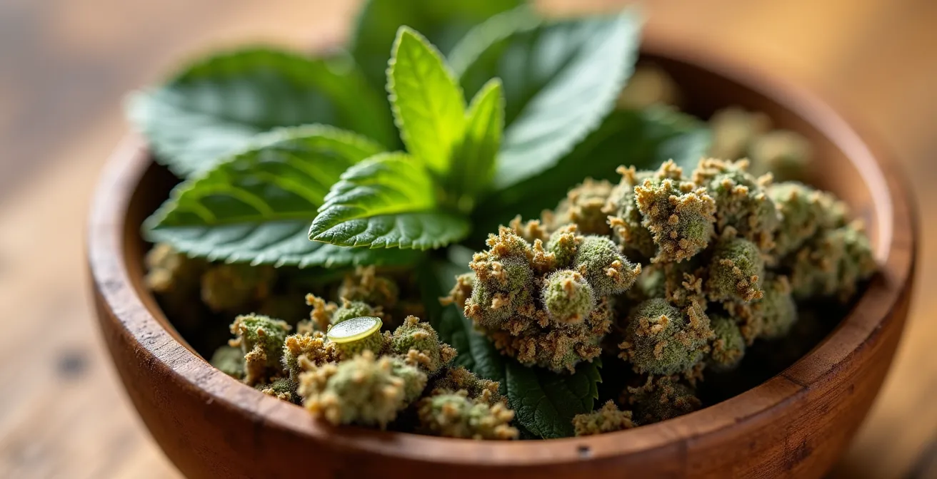 Gros plan macro sur un mélange de feuilles de mélisse et fleurs de CBD dans un bol en bois naturel
