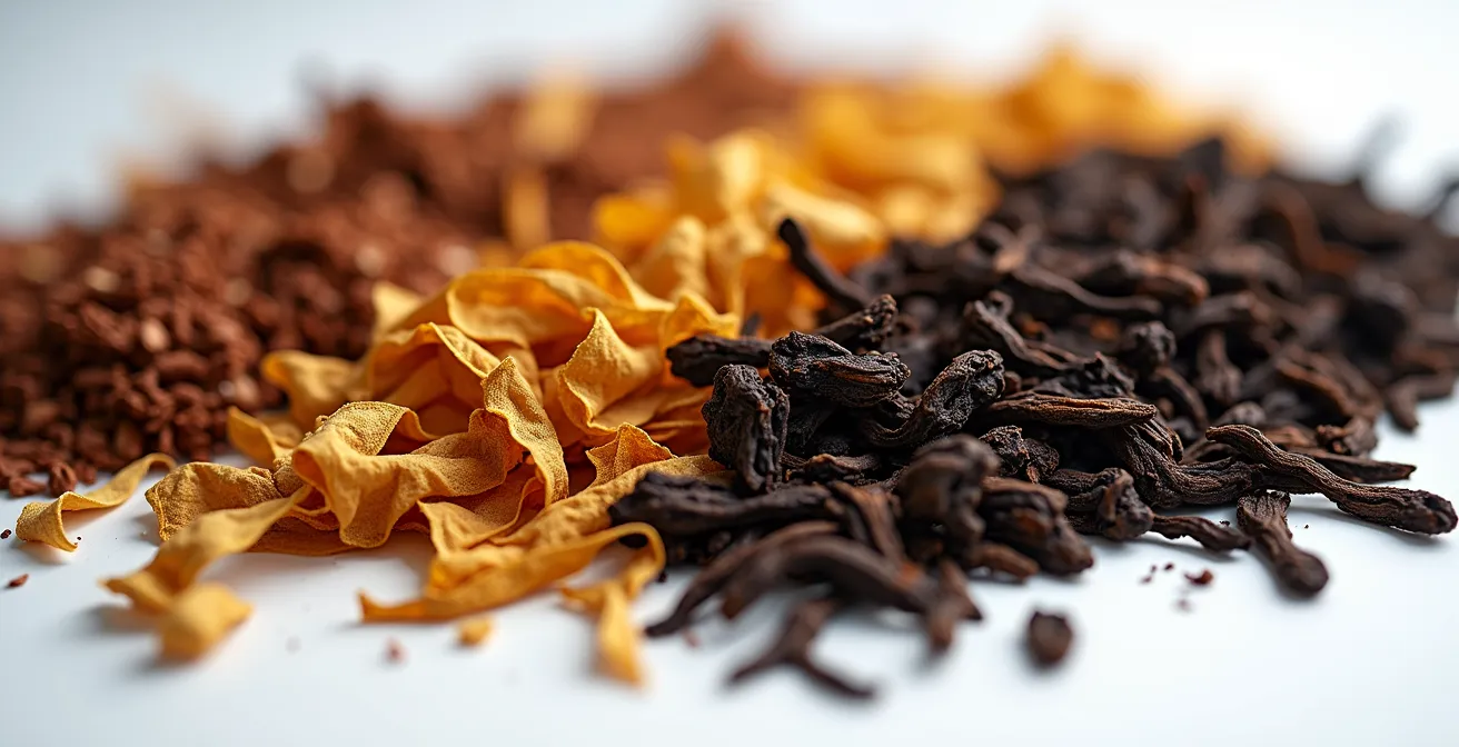 Vue macro détaillée de différents tabacs mélangés avec du Latakia noir montrant les textures et couleurs contrastées