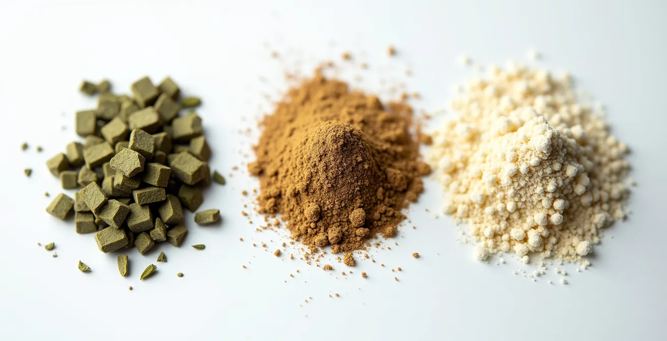 Comparaison macro de trois textures de mouture de fleurs séchées pour vaporisation médicale