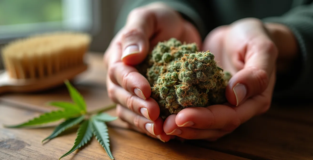 Main tenant délicatement une fleur de CBD outdoor avec un pinceau doux en arrière-plan