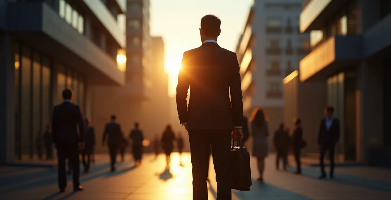 Silhouette d'une personne en pause contemplative devant un immeuble de bureaux