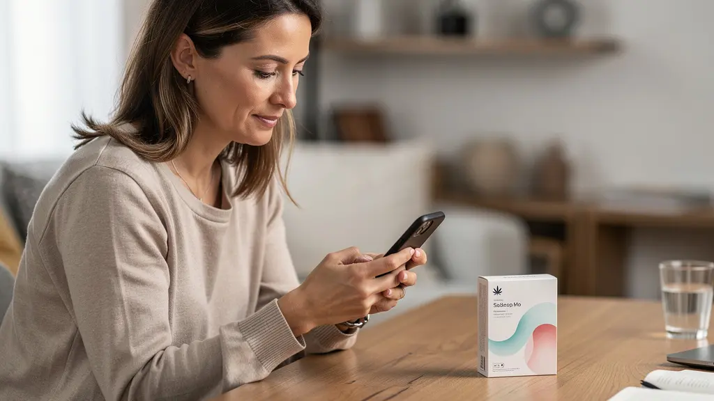 Consommatrice vérifiant les informations d'un produit CBD sur son smartphone