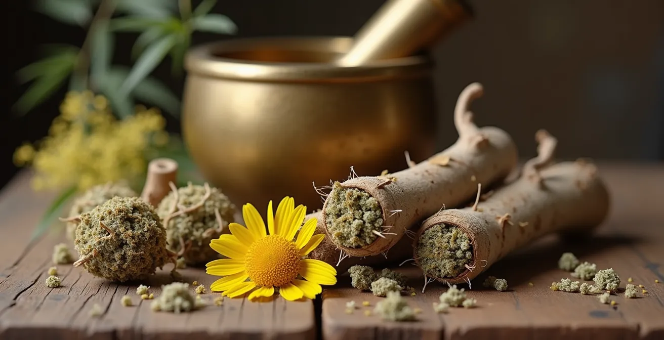 Composition botanique de valériane séchée, fleurs de camomille et chanvre sur table d'herboriste français