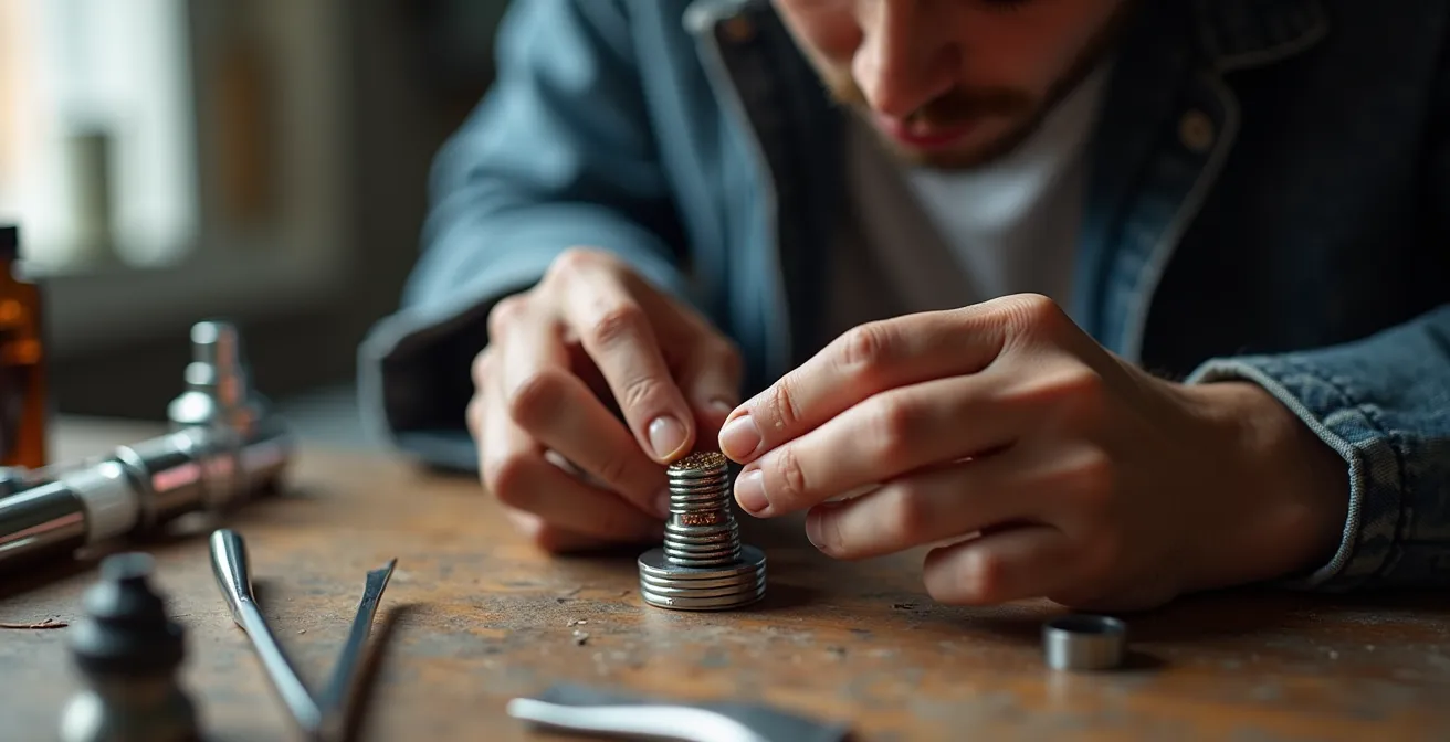 Plateau de dripper RDA avec coils et coton en gros plan pour test d'arômes
