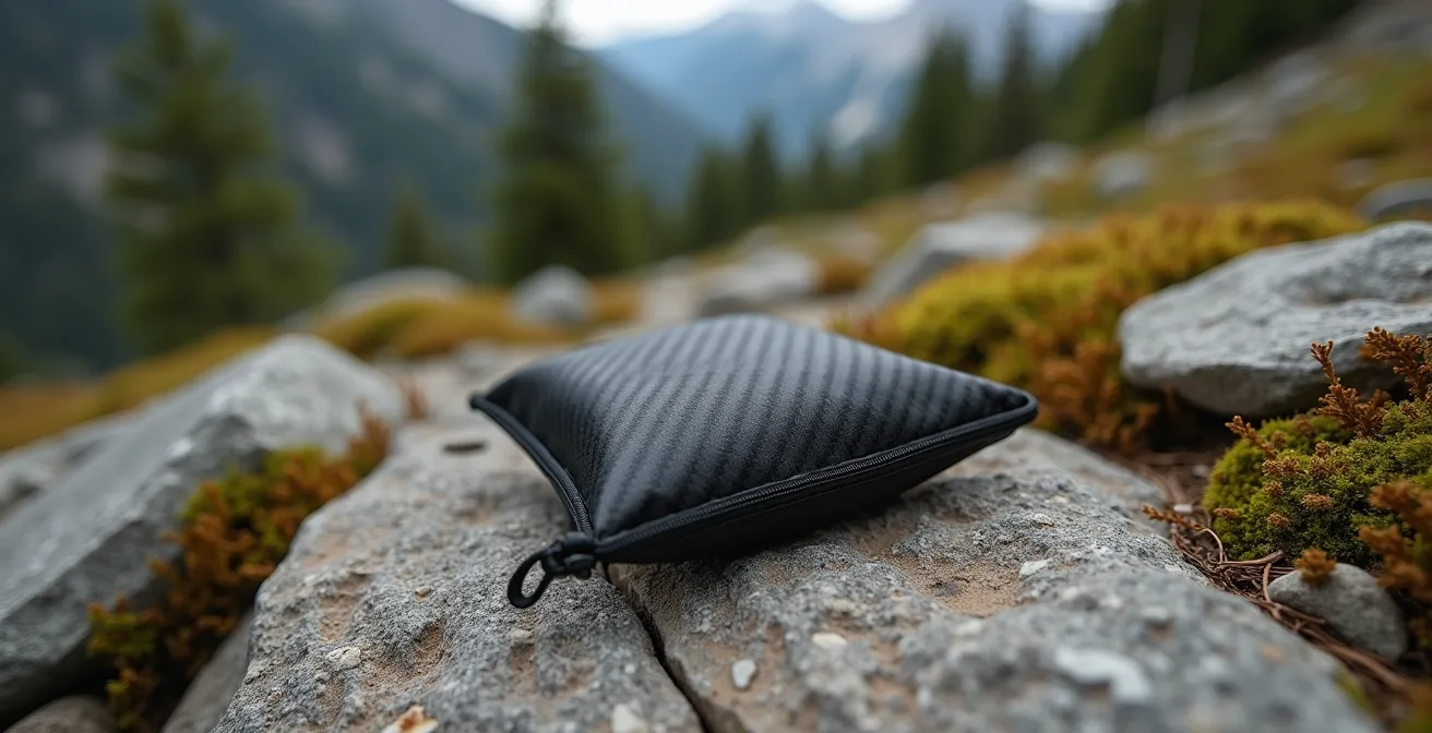 Pochette anti-odeur noire avec texture de charbon actif posée sur un rocher en montagne