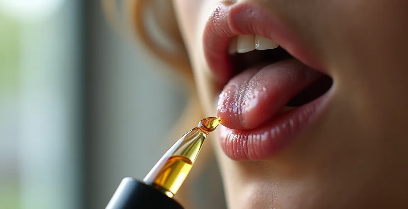 Gros plan sur la prise sublinguale d'huile de CBD avec verre d'eau
