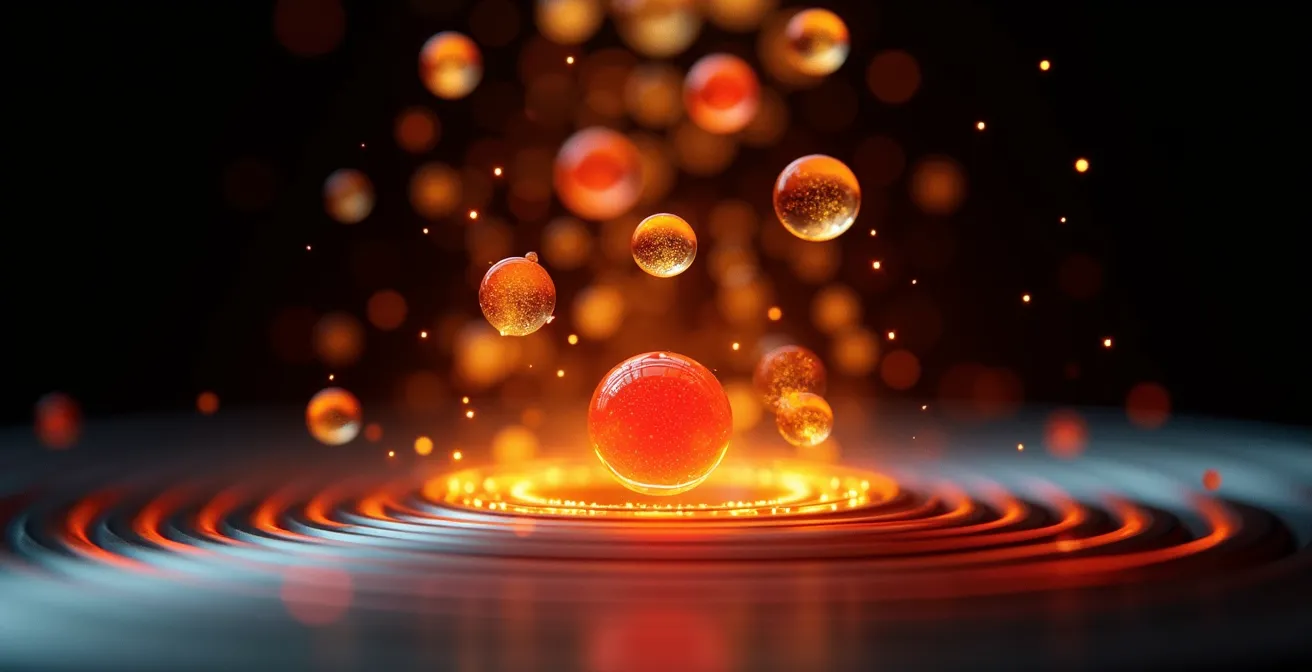 Vue rapprochée d'une résistance de cigarette électronique avec gouttes de liquide fruité coloré symbolisant la chauffe des arômes