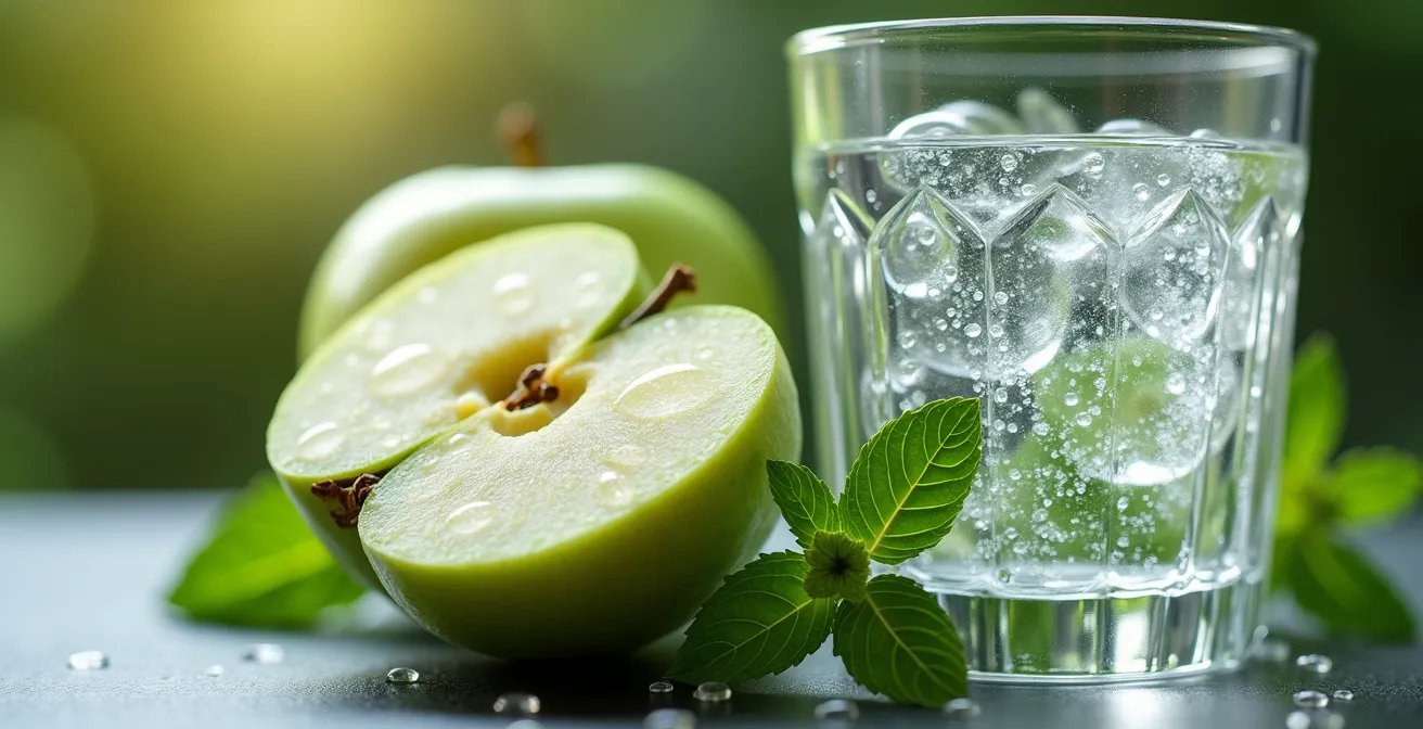 Gros plan sur une main tenant une pomme verte Granny Smith croquée à côté d'un verre d'eau pétillante