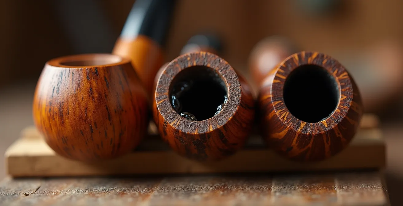 Gros plan sur trois pipes posées sur un présentoir en bois avec effet de profondeur