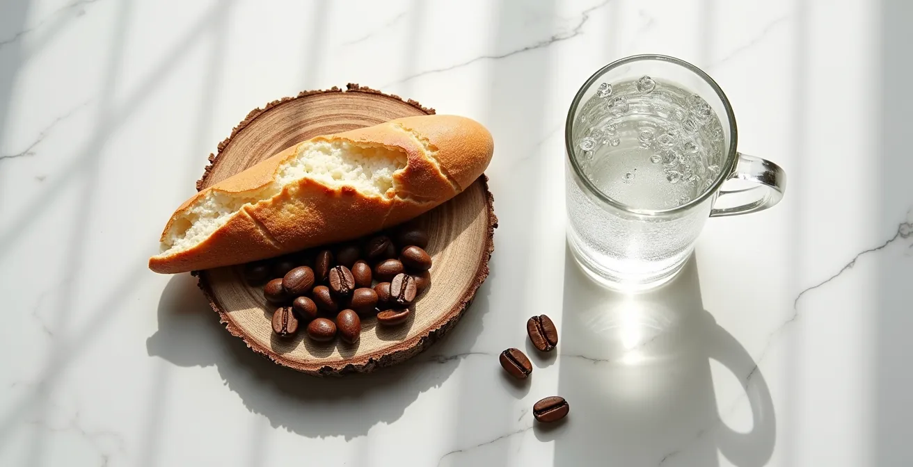 Nature morte minimaliste avec grains de café, pain et verre d'eau pétillante, symbolisant la réinitialisation du palais