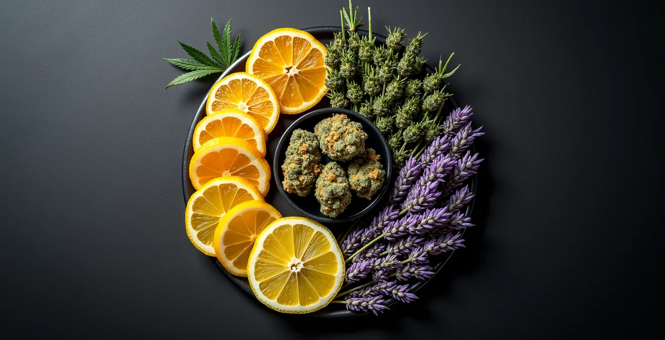 Roue des arômes de terpènes du CBD avec associations harmonieuses inspirées de la France, comme le citron de Menton, la lavande de Provence et le pin des Landes.