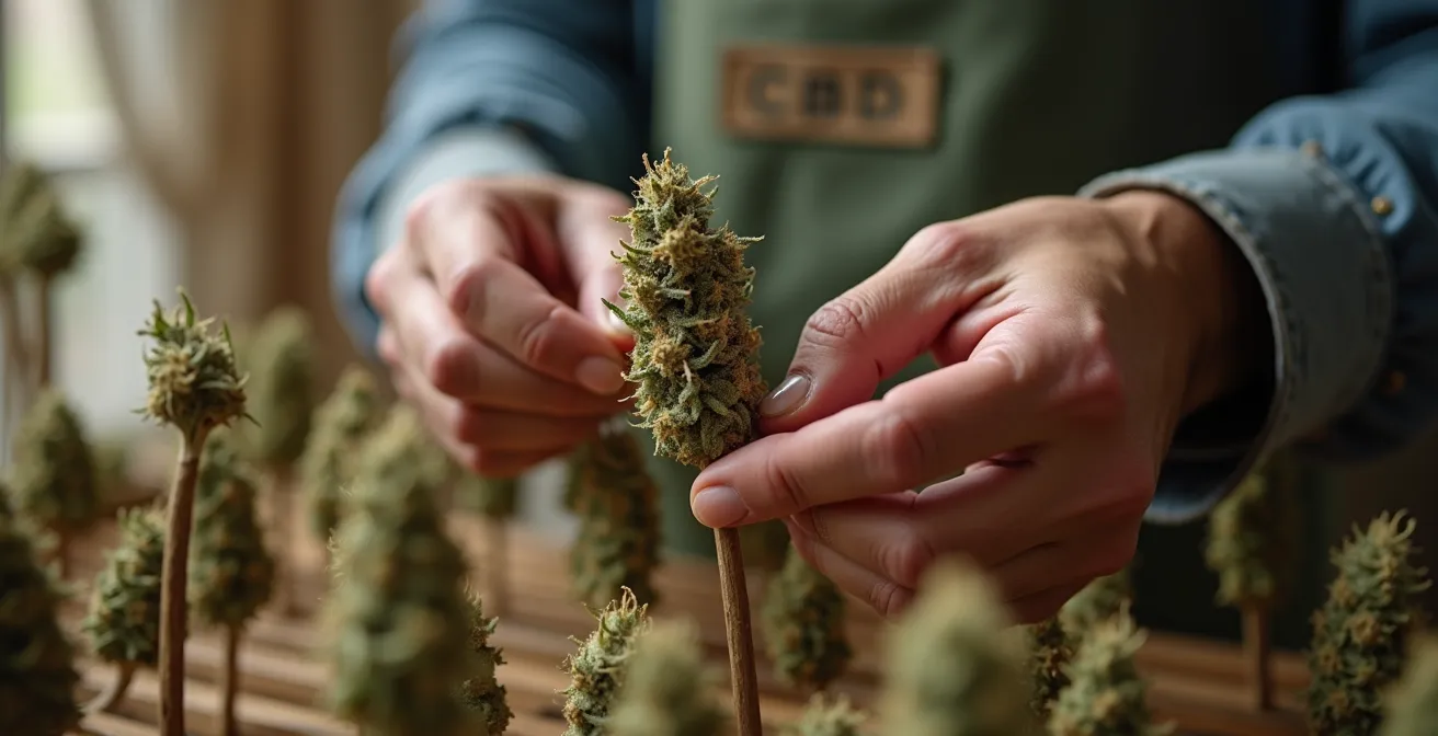 Mains d'expert testant la texture d'une fleur de CBD pour vérifier le séchage