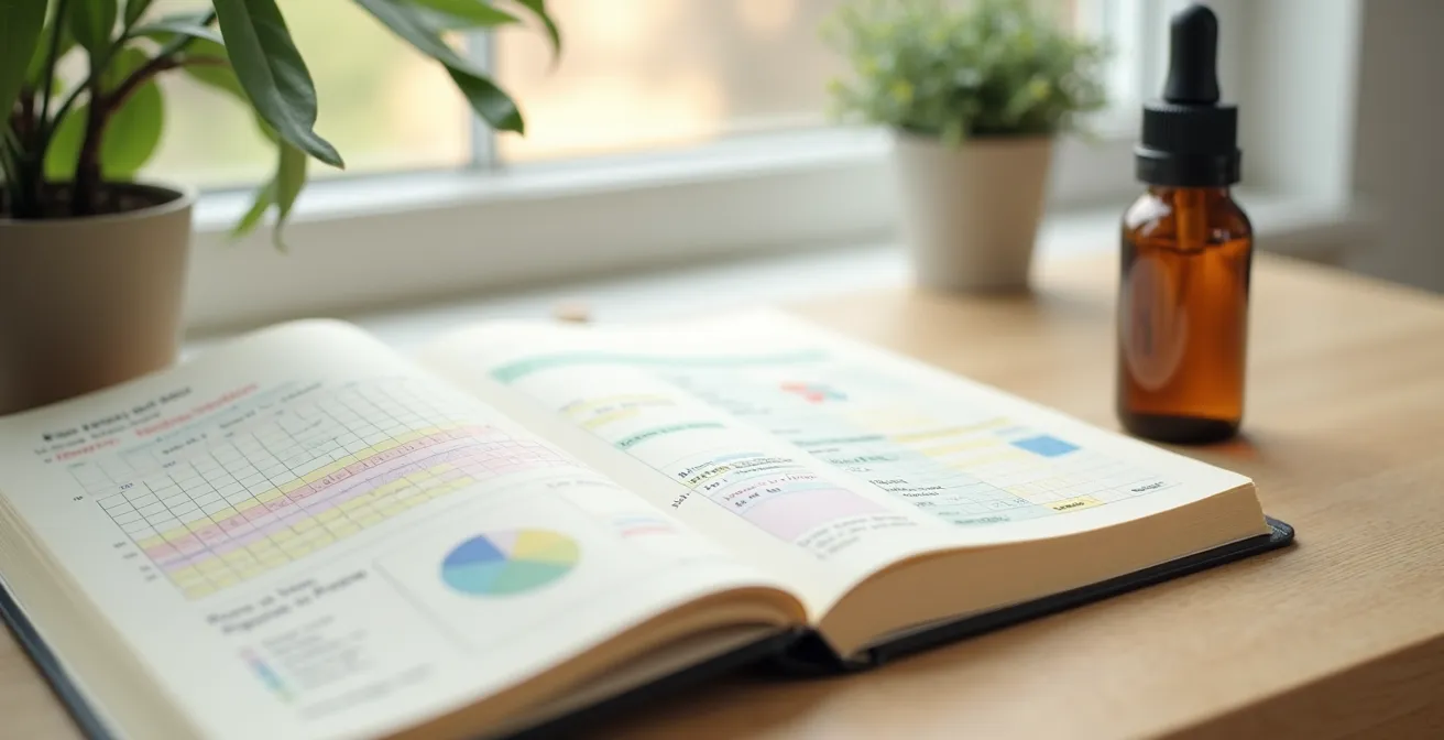 Carnet de suivi ouvert avec courbe de dosage CBD tracée à la main, flacon compte-gouttes posé à côté