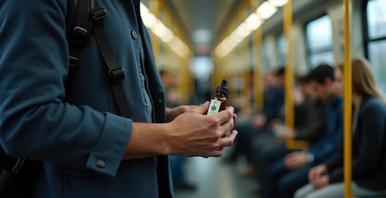 Personne dans les transports en commun parisiens tenant discrètement une fiole d'huile CBD, symbolisant la transition travail-détente.