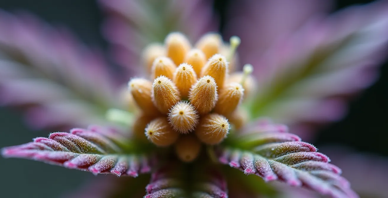 Détail macro de trichomes sur une fleur de CBD montrant les indicateurs de maturité