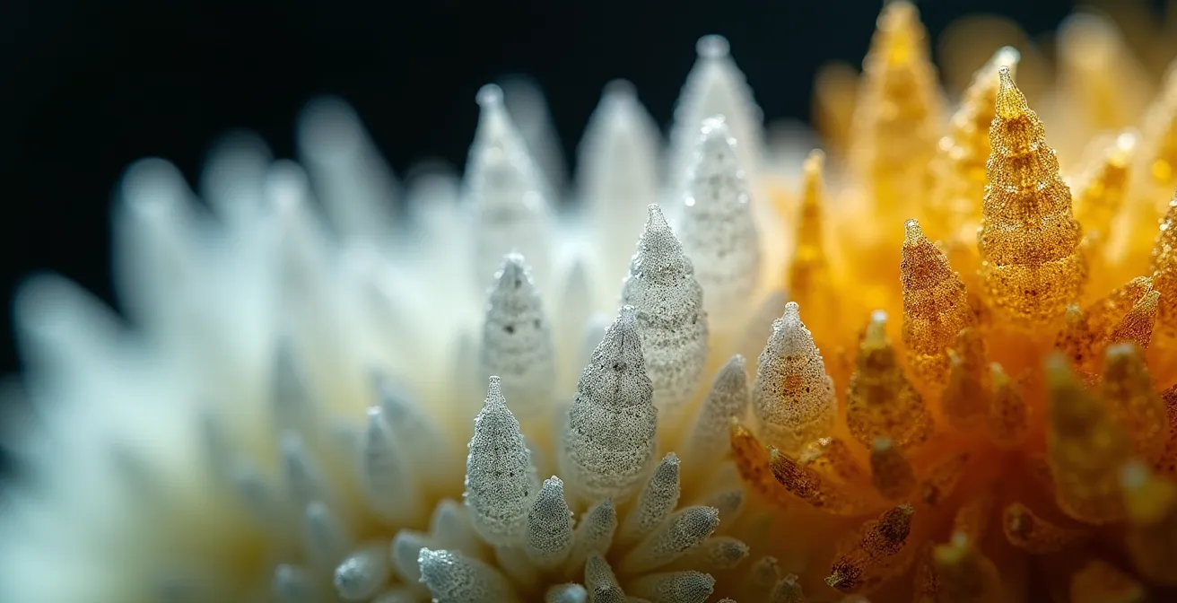 Vue macro détaillée de trichomes de cannabis montrant trois stades de maturité : transparents, laiteux et ambrés